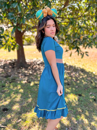 Elegant Merida-inspired teal Disneybounding dress, perfect for Halloween, birthdays, or dressing to impress at Disney-themed events. A magical self treat or gift for Disney fans.