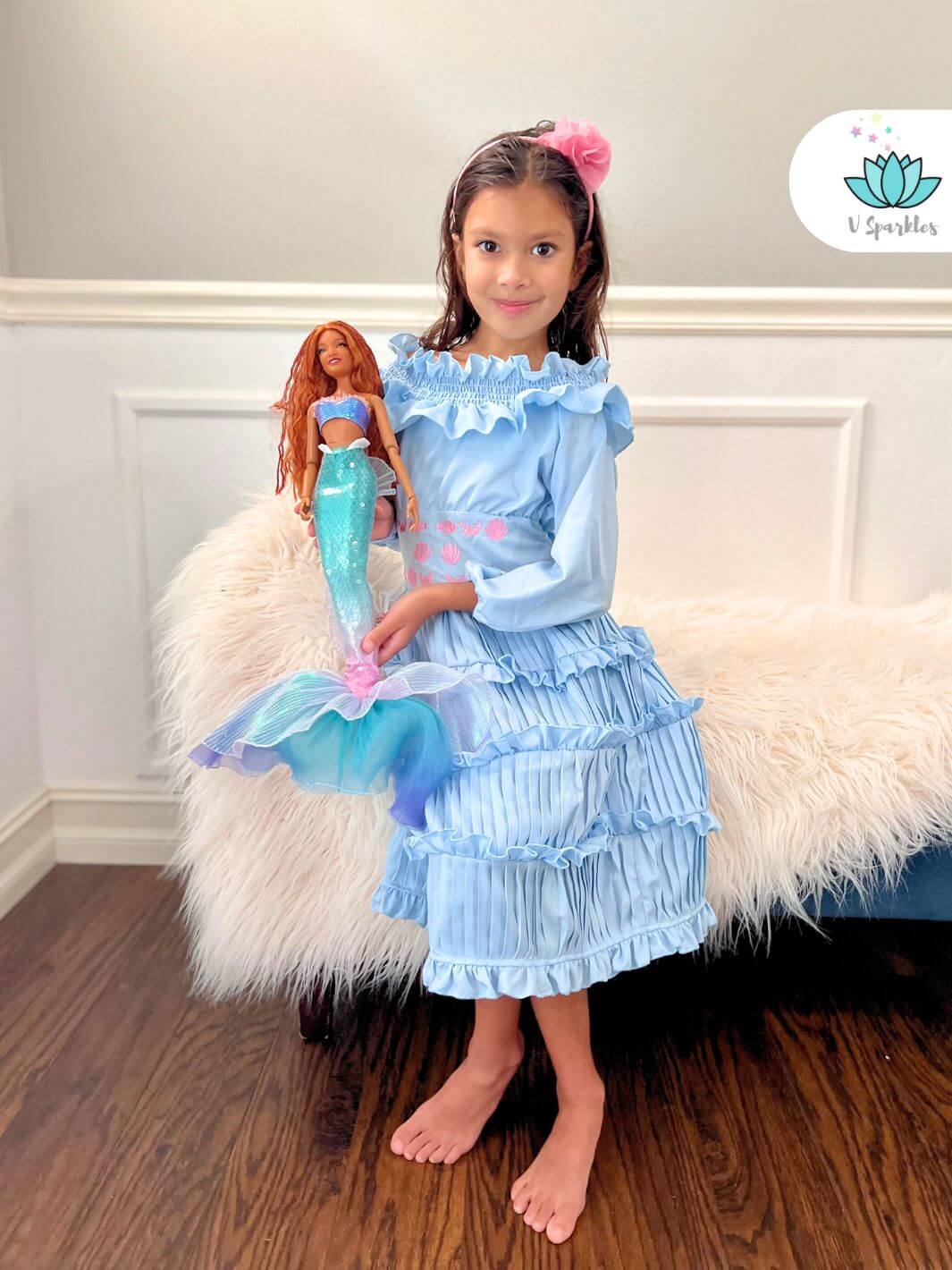 Ariel Little Mermaid Costume for Disneybounding and Fashion Fun: A delightful Ariel-themed dress with oceanic embroidery, perfect for kids looking to Disneybound, celebrate birthdays, or dress up for Halloween. This fashionable outfit is perfect for play pretend and is a great gift for Little Mermaid fans.