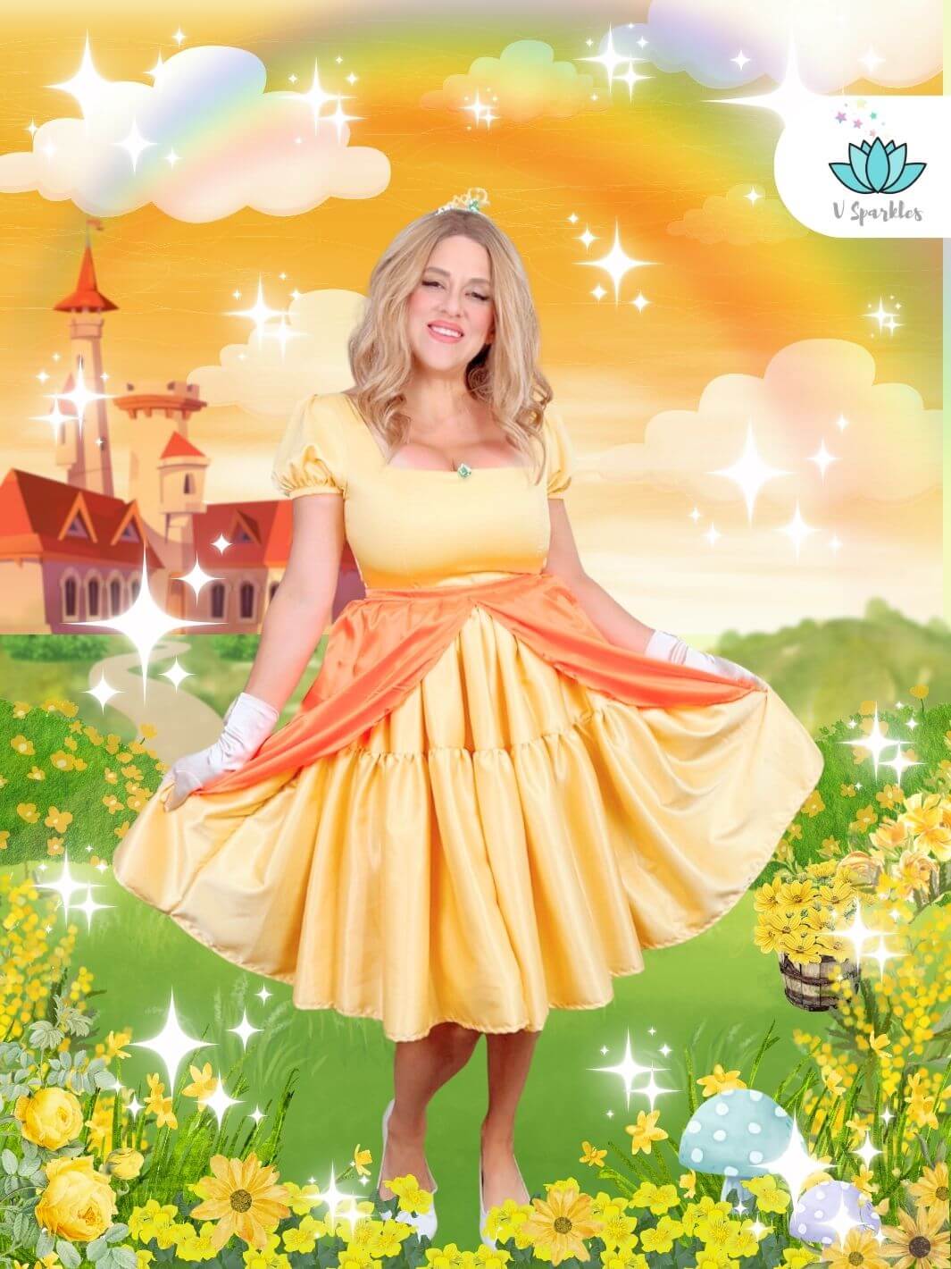 Yellow Princess Video Game Dress Set for Adults – Princess Peach-Inspired Costume – This vibrant yellow dress set is perfect for transforming into Princess Peach. Ideal for Disneybounding, Halloween costumes, or themed events. Available in mid-size and plus-size options.