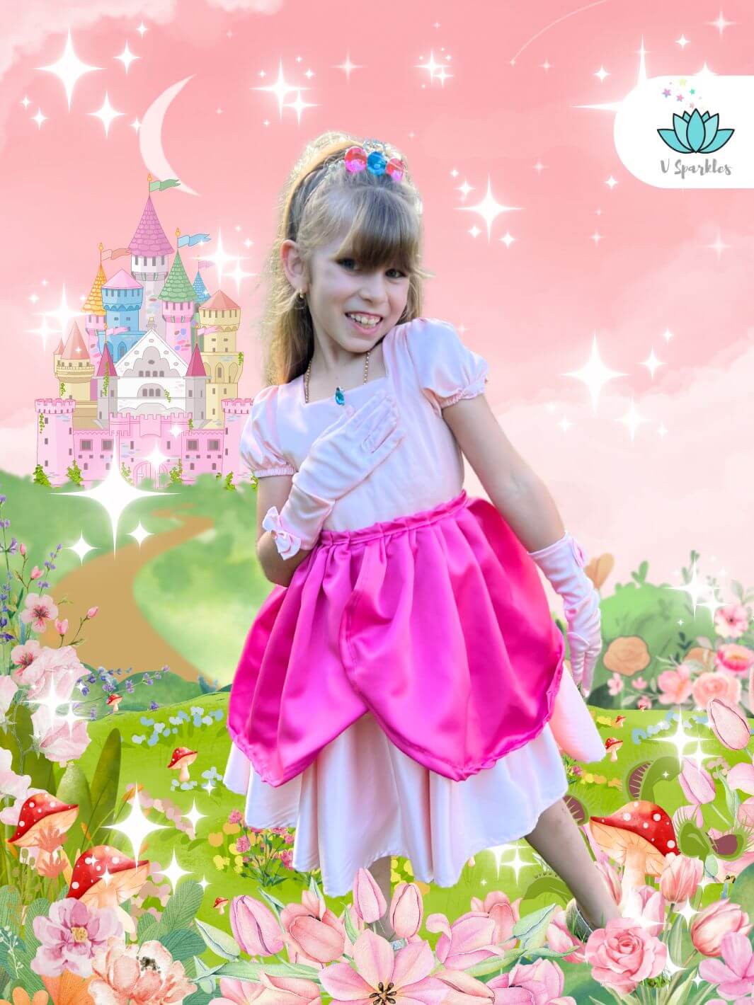 Pink Princess Video Game Dress-Up Overskirt for Kids – Princess Peach-Inspired Costume Accessory – This adorable pink princess overskirt is perfect for transforming any little girl into Princess Peach. Ideal for Disneybounding, dress-up games, or birthday parties for toddlers and young girls.