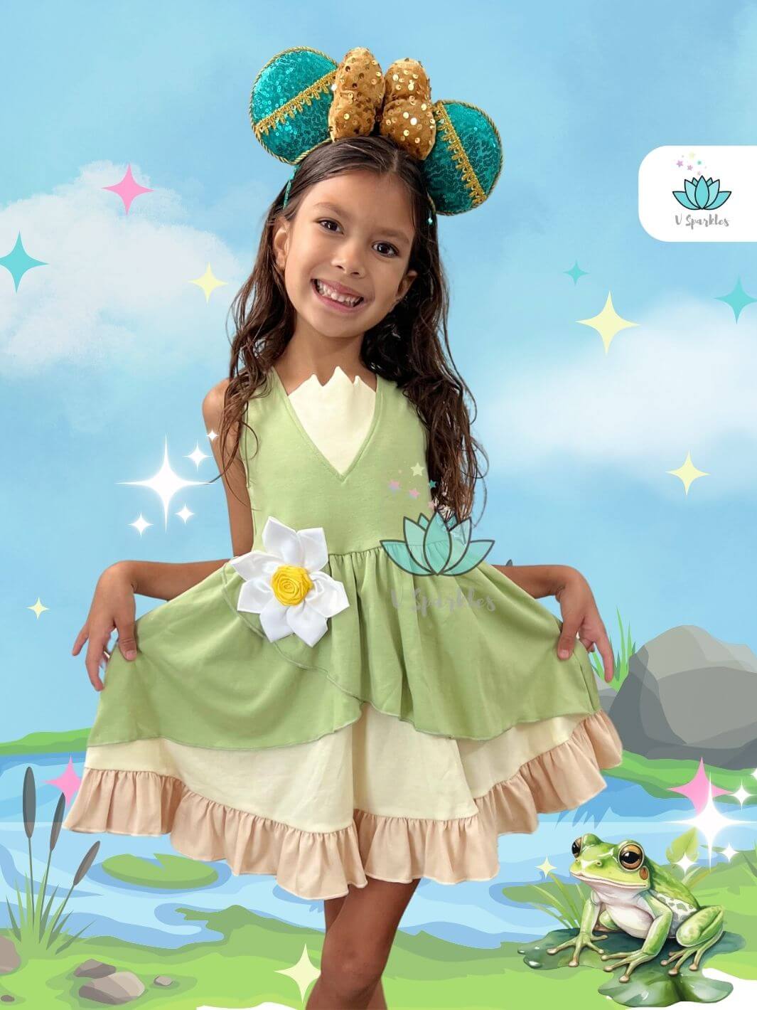 Girl kid wearing princess tiana dress for kids green with flower