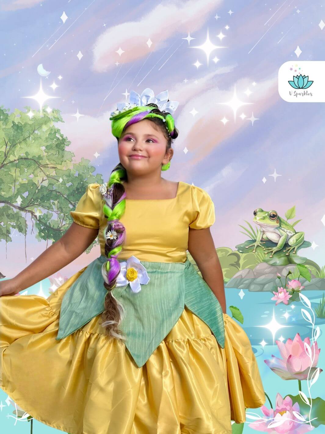 Base Yellow Twirl Dress for Girls – Matching Mother and Daughter Outfit – Create a magical matching mother and daughter Disneybounding look with this Princess Tiana-inspired base yellow twirl dress for kids. Perfect for toddler girls for Halloween costumes or special occasions.