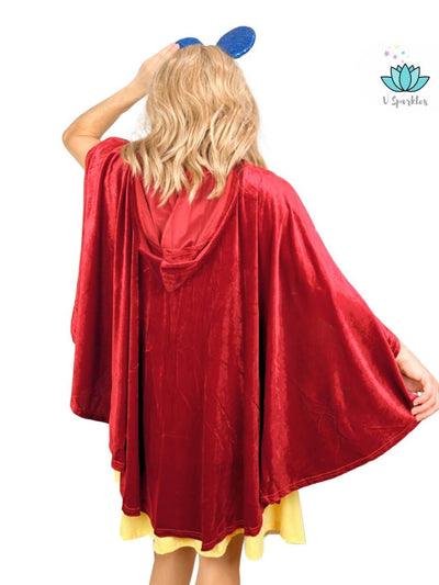 "Elegant velvet cape dress for adults, ideal for Disneybounding adventures, Halloween parties, or as a fashionable birthday outfit.