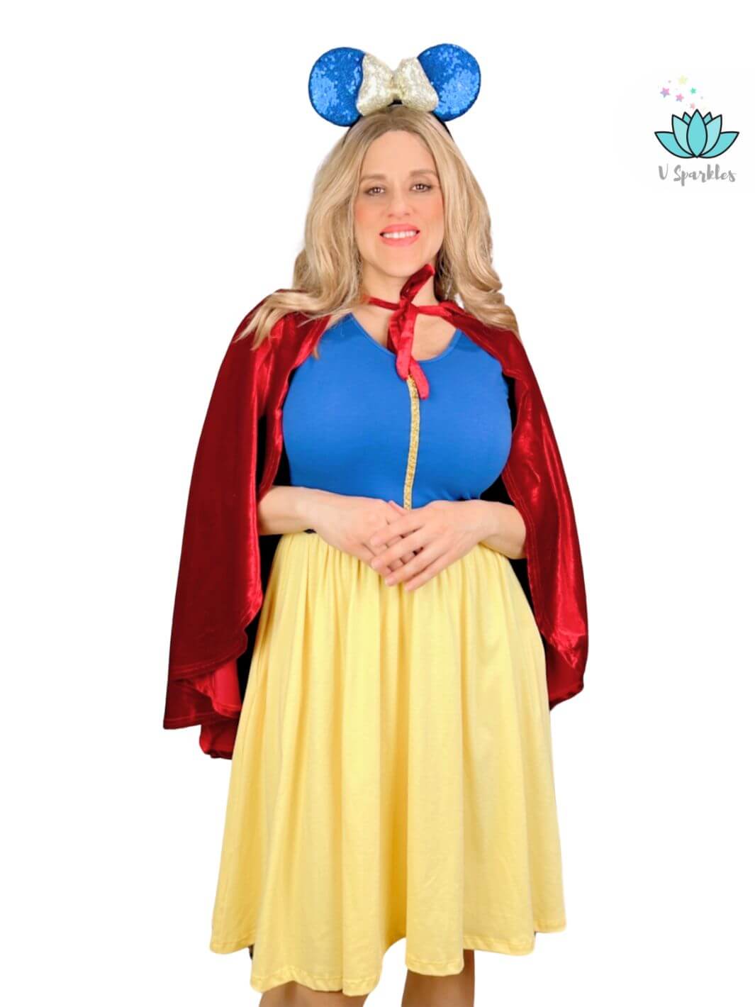 "Adult fairytale-inspired velvet cape dress, perfect for Disneybounding, birthday parties, or as a unique Halloween costume. A great gift idea for Disney lovers.