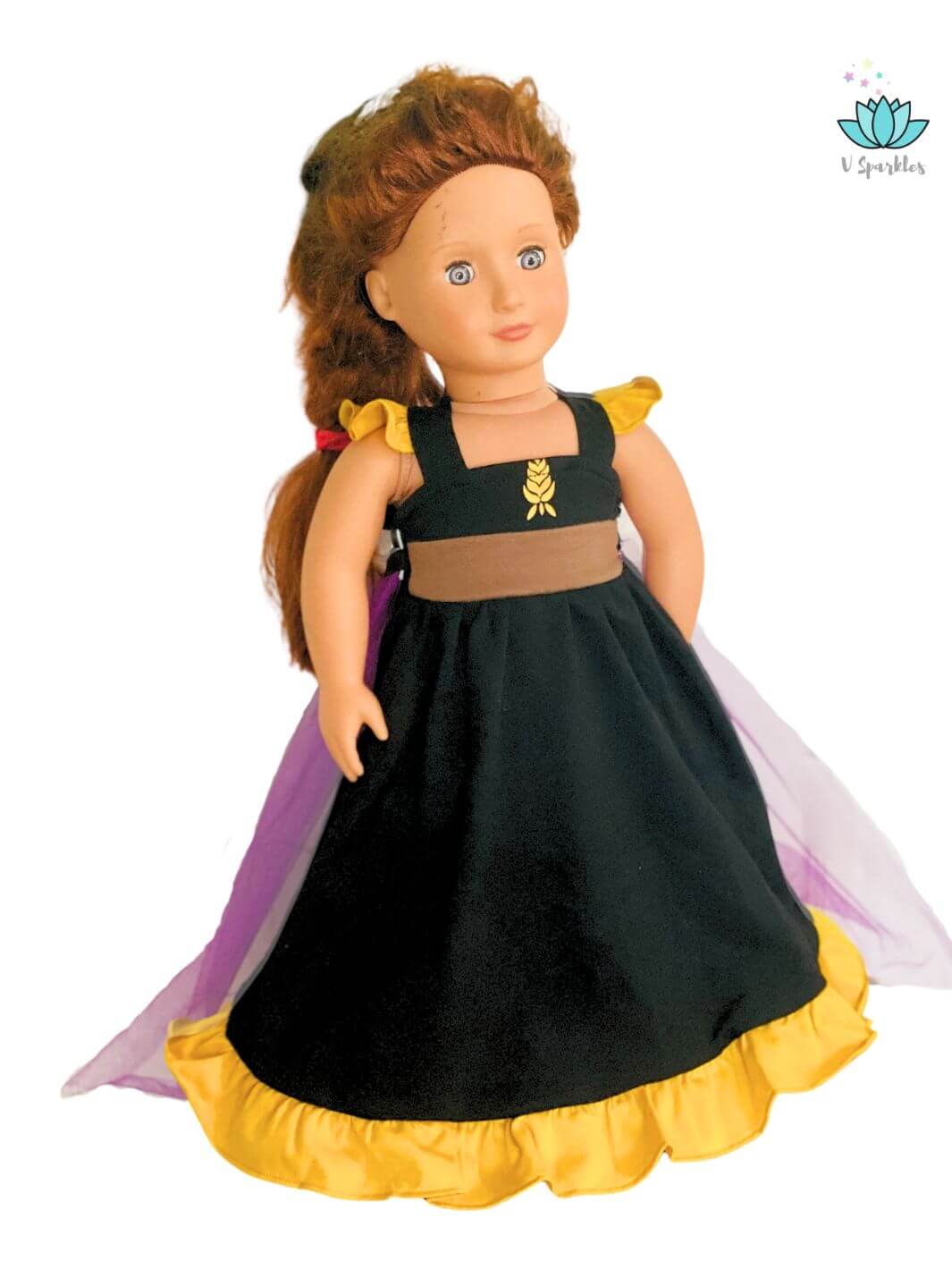 Anna Frozen-Inspired Doll Outfit for Play Pretend: This adorable doll is dressed in an Anna-inspired coronation dress, perfect for Disneybounding, Halloween, or play pretend. A thoughtful gift for kids who love Frozen and fashion-forward play.