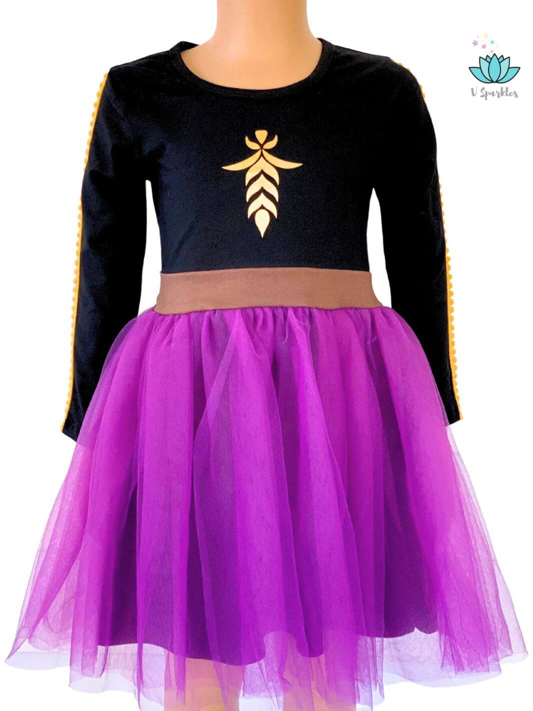 Disneybound as Anna from Frozen with this elegant black and purple dress for kids. A perfect choice for Halloween, dress up games, or birthday parties, sure to impress and spark imagination.