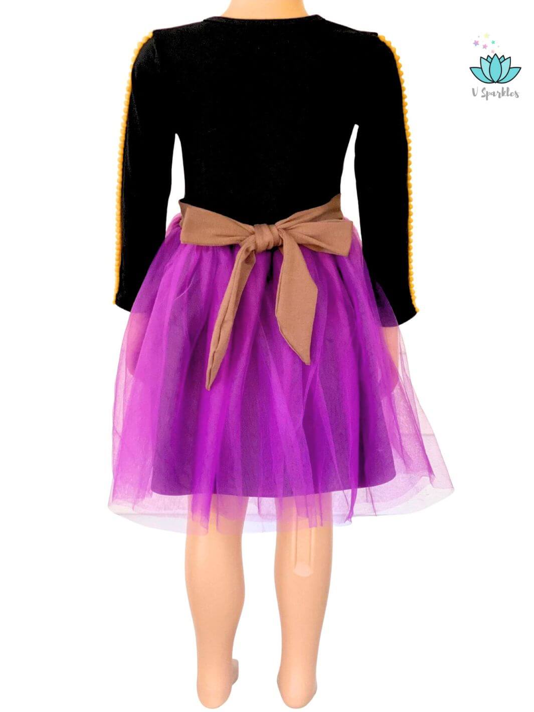 Charming Anna-inspired kids' costume with a black top and purple tulle skirt, designed for play pretend and dress up games. A wonderful birthday dress, Halloween costume, or Disneybounding outfit.