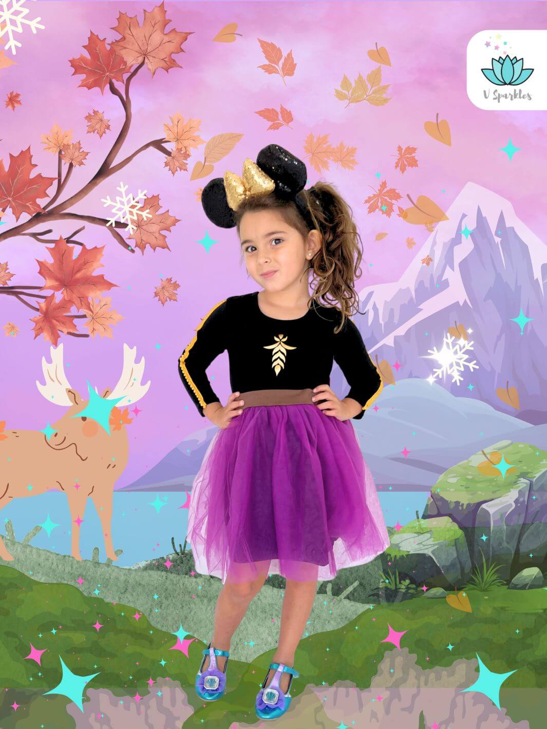 Anna-inspired black and purple dress for kids, perfect for Disneybounding outfit, Halloween costume, or birthday dress. Ideal for play pretend and dress up games, this dress will make any child feel like a true princess.