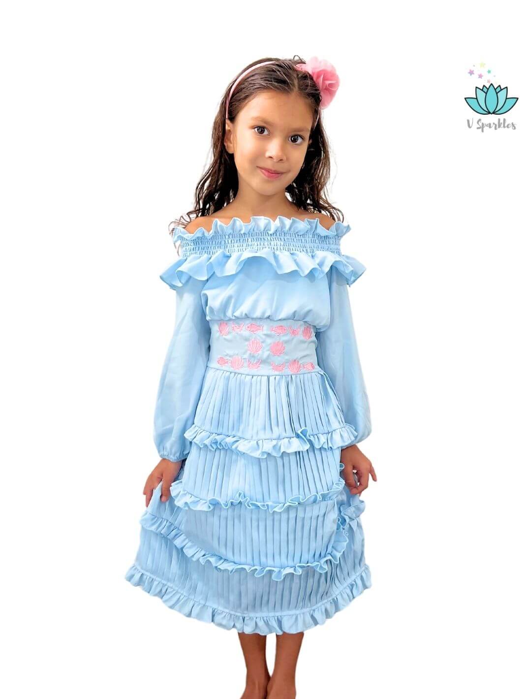 Ariel-Themed Disneybounding Outfit for Play Pretend: A beautiful Ariel-inspired dress, featuring ocean-inspired embroidery, perfect for Disneybounding or as a fun Halloween costume. This outfit is great for imaginative play pretend and dress-up games, making it a magical gift for young Little Mermaid fans.