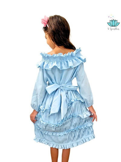 Ariel Disneybound Dress for Birthday and Halloween: A lovely light blue Ariel-inspired dress, featuring seashell and fish embroidery, ideal for Disneybounding, Halloween costumes, or birthday dress-up. Perfect for play pretend, this outfit is a great self treat or gift for fans of The Little Mermaid.