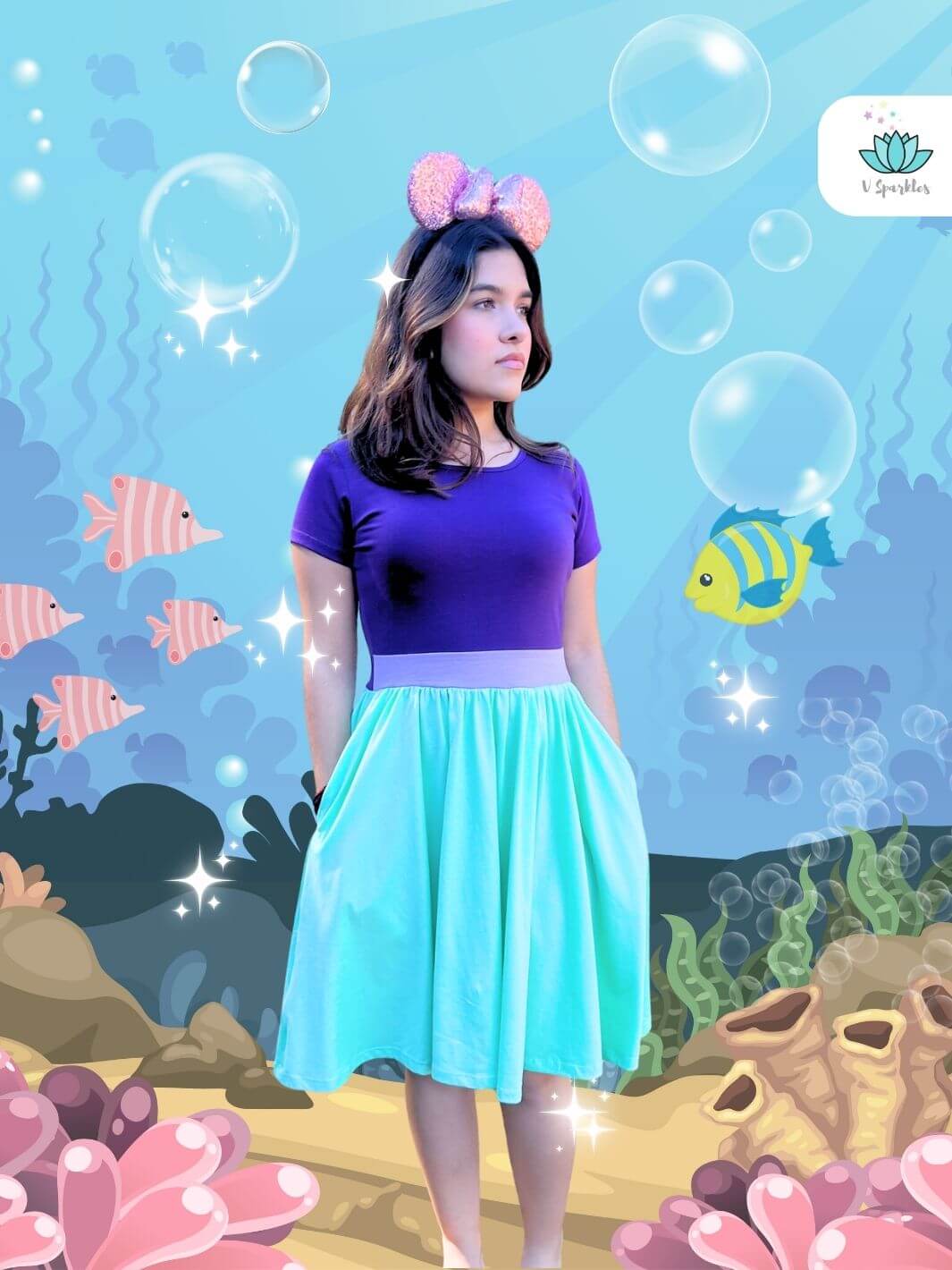 Ariel Disneybounding Dress for Adults: A beautiful Ariel-inspired adult dress featuring a purple top and seafoam green skirt, perfect for Disneybounding, Halloween costume fun, or a birthday celebration. This stylish outfit is a great self treat for Disney fans who want to dress to impress