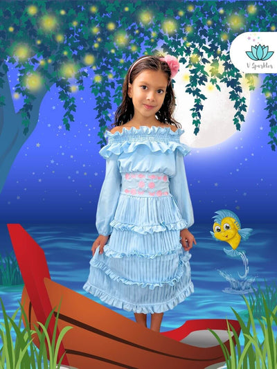 Ariel Little Mermaid Disneybounding Dress for Kids: A charming light blue Ariel-inspired kids' dress with seashell and ocean-themed embroidery, perfect for Disneybounding, Halloween costumes, or birthday celebrations. This dress is ideal for play pretend and dress-up games, allowing kids to dress to impress like their favorite mermaid princess.