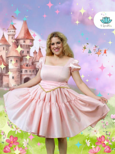 Sleeping Princess Dress-Up Overskirt for Adults – Aurora-Inspired Costume Accessory – This elegant pink and blue overskirt is perfect for transforming into Aurora. Ideal for Disneybounding, Halloween costumes, or themed events. Available in mid-size and plus-size options.