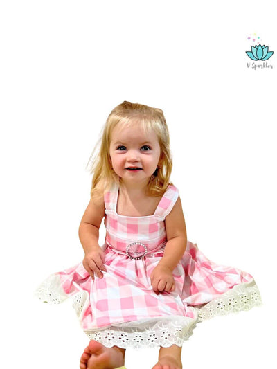 "Barbie-inspired kids' gingham dress, ideal for dress-up games, play pretend, or Disneybound adventures. Great for Halloween, birthdays, or as a self-treat or gift.