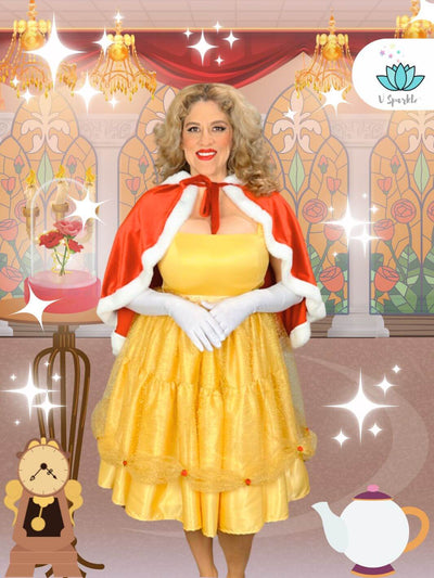 Red Rose Princess Winter Adult Dress Set – Belle-Inspired Winter Costume – This beautiful red winter dress set, complete with an apron and cape, is perfect for transforming into Belle. Ideal for Disneybounding, holiday costumes, or themed events. Available in mid-size and plus-size options.
