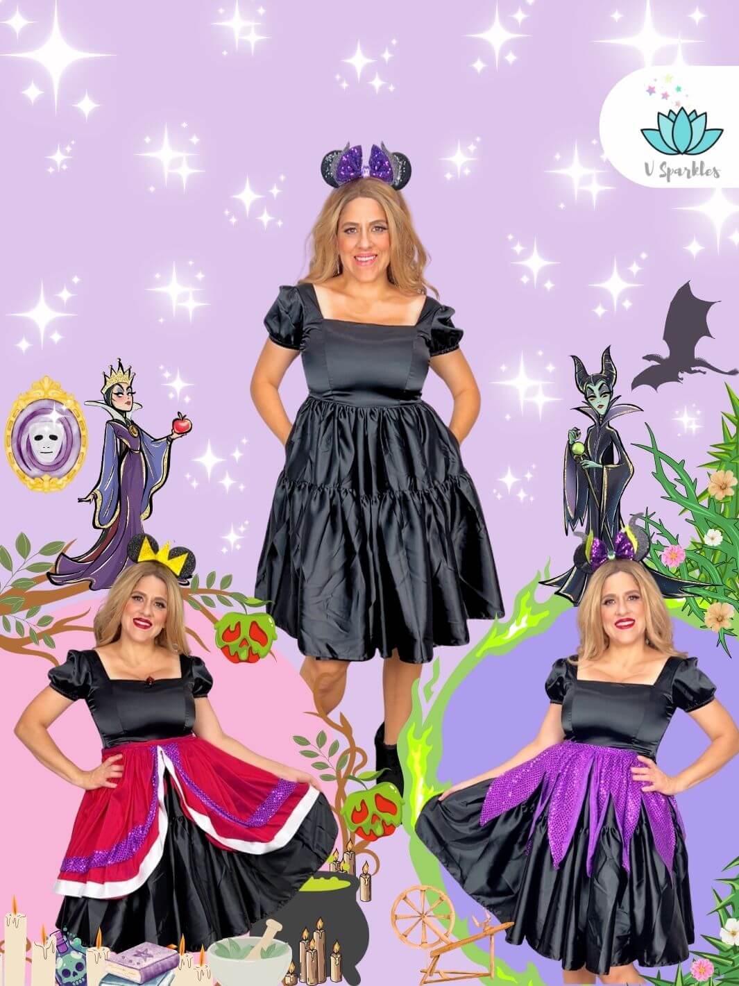 Black Base Dress for Adults – Easy Costume Transformation – This base black dress serves as the perfect foundation for a variety of character transformations. Ideal for Disneybounding, Halloween costumes, or Christmas party dresses for women. Available in mid-size and plus-size options