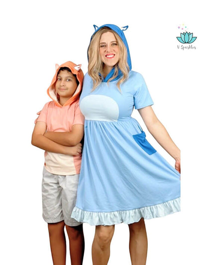 Bluey and Bingo Halloween and Birthday Costume: Mother and child showcasing Bluey (adult) and Bingo (kids) outfits that double as perfect Disneybounding costumes for Halloween or birthday parties. The Bluey dress is a great gift for fans looking for fashion and self treat options, and the Bingo shirt sparks imaginative play pretend adventures.