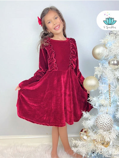 "Charming burgundy velvet kids' dress, designed for holiday events, Disneybounding, or as a stylish birthday dress to impress during Christmas.