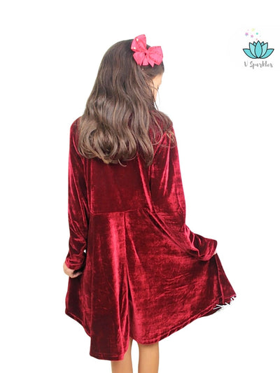 "Festive burgundy velvet dress for kids, great for holiday fashion, Disneybounding outfits, or imaginative dress up games. Perfect for Christmas parties.