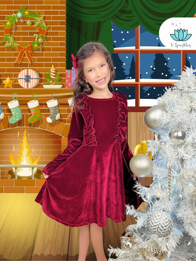 "Burgundy velvet Christmas dress for kids, perfect for Disneybounding or as a holiday birthday dress. Ideal for play pretend, dress up games, and festive celebrations.