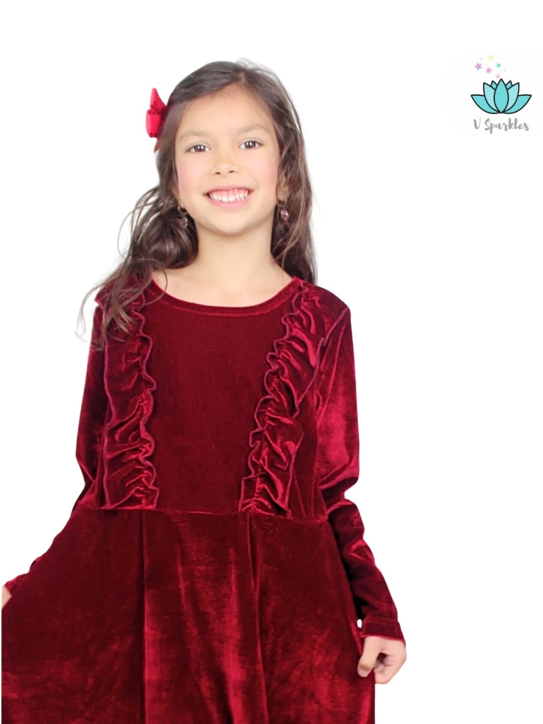 "Elegant burgundy velvet kids' dress, ideal for Disneybounding, Halloween costumes, or as a fashionable birthday dress. A magical choice for holiday self treats or gifts.