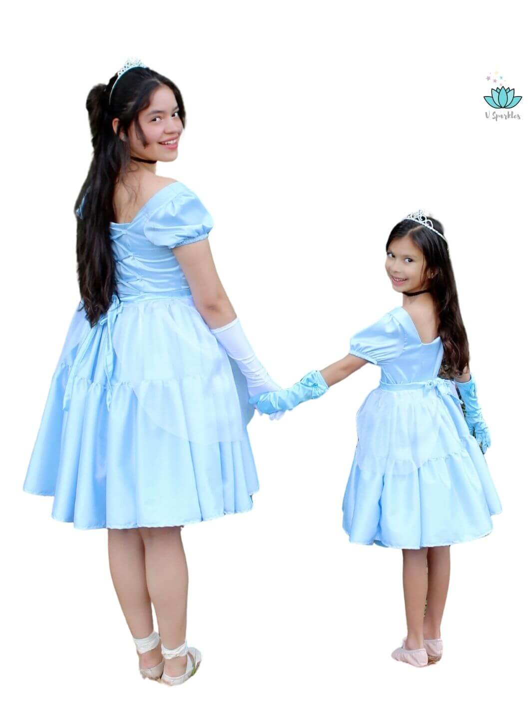 Glass Shoe Princess Dress-Up Overskirt for Adults – Easy Cinderella Costume Transformation – This glass shoe-inspired dress-up overskirt offers an easy transformation into Cinderella for adults attending Disneybounding or Halloween events. Available in mid-size and plus-size options.