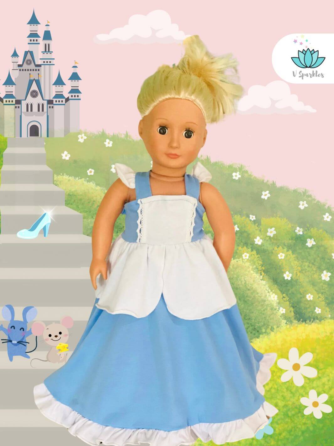 Cinderella Doll Dress to Impress: An enchanting Cinderella doll outfit, designed for Disneybounding or special occasions. Perfect for kids' play pretend and Halloween fun, making this a fantastic gift idea.