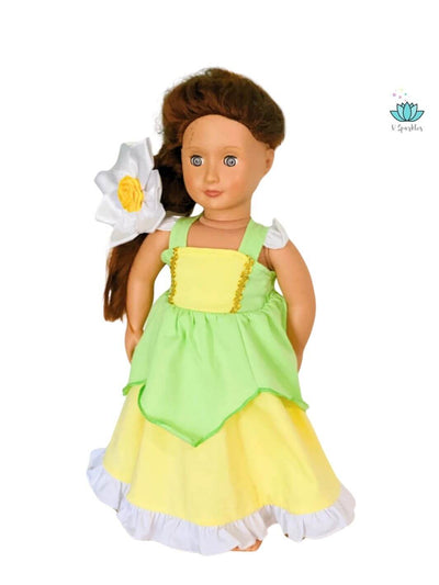 "Charming Tiana doll dress with delicate flower details, designed for kids' play pretend, Disneybounding, or as a beautiful birthday dress. A fantastic self-treat or fashion gift.