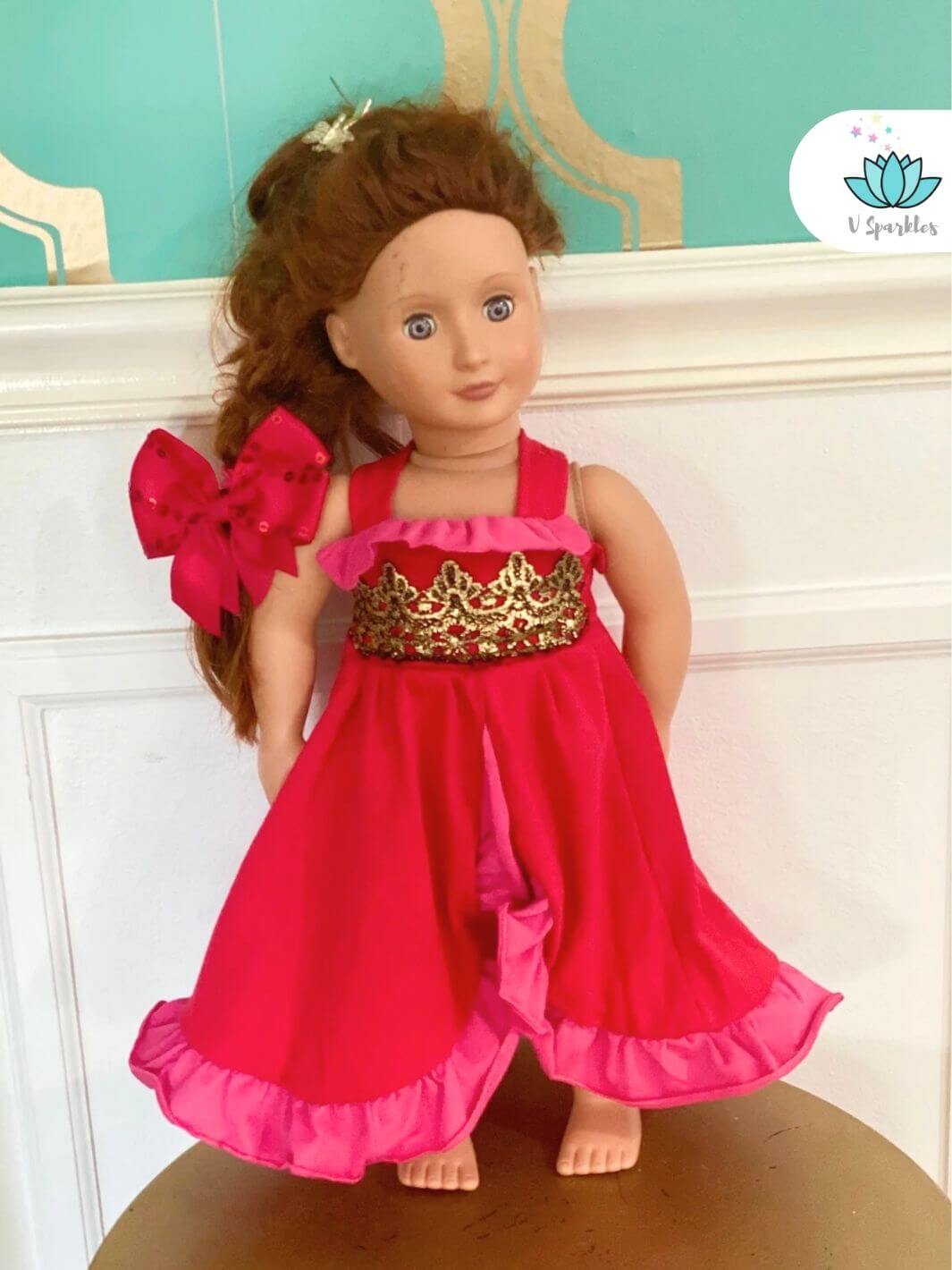 "Disneybound Elena doll outfit, featuring vibrant red tones and golden details, great for dress-up play, Halloween, or as a birthday dress. A wonderful self-treat or gift for fans.