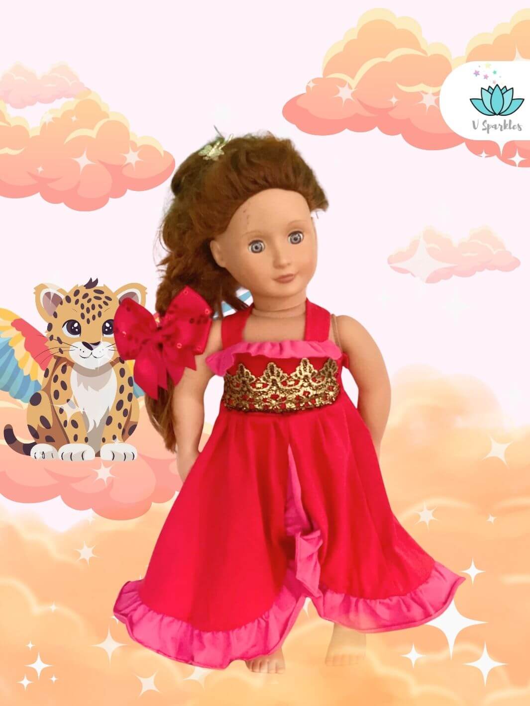 "Elena-inspired doll dress in red, perfect for Disneybound adventures, dress-up games, or a Halloween costume. Ideal for kids who love play pretend or as a stylish birthday gift.