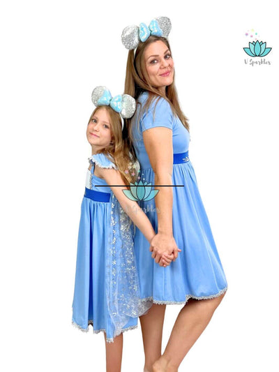 Elsa Frozen Disneybounding Outfit for Mother and Daughter: A charming Elsa-inspired matching dress set for mother and daughter, perfect for Disneybounding, Halloween costumes, or birthday celebrations. The kids' dress is ideal for play pretend and dress-up games, while the adult dress is a fashionable self treat or gift for Frozen fans who love to dress to impress.