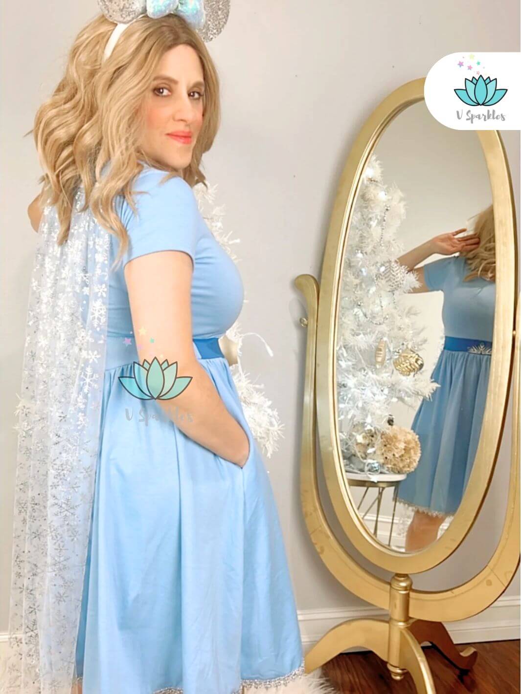 Frozen Ice Queen Elsa Adult Dress for Halloween and Disneybounding: A whimsical Elsa-inspired dress for adults, perfect for Disneybounding, birthdays, and Halloween. This dress is ideal as a self treat or a fashionable gift for fans of Frozen who want to dress to impress.