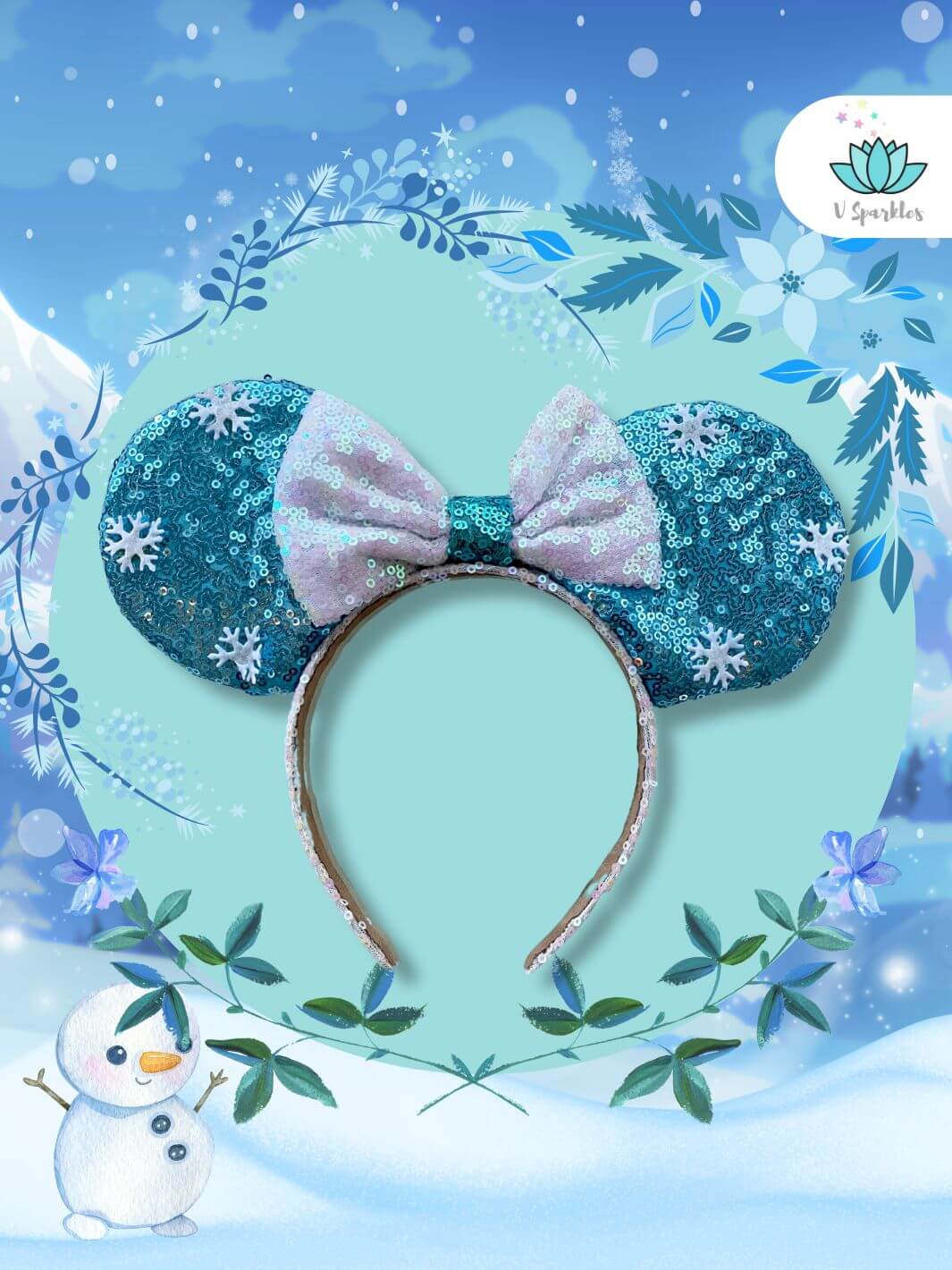 "Elsa Frozen-inspired sequin mouse ears, perfect for Disneybound outfits, Halloween costumes, or adding a magical touch to any birthday dress. Ideal self-treat or gift for Frozen fans.