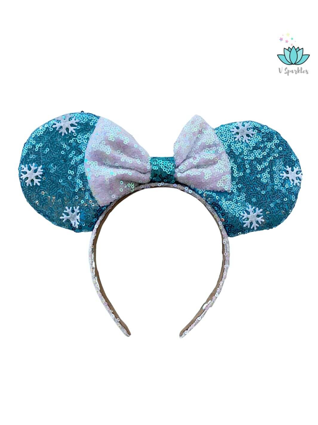 "Frozen-themed Elsa mouse ears with snowflake details, great for kids' play pretend, dress-up games, or an enchanting accessory for adults looking to impress with Disneybounding fashion and Frozen-inspired style.