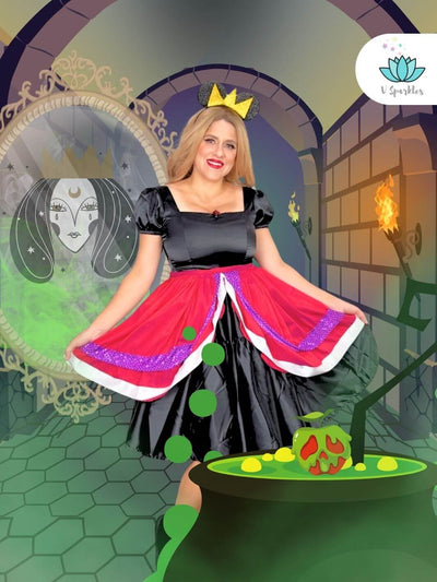 Evil Queen Dress-Up Overskirt for Adults – Evil Queen-Inspired Costume Accessory – This regal black and purple overskirt is perfect for transforming into the Evil Queen. Ideal for Disneybounding, Halloween costumes, or themed events. Available in mid-size and plus-size options.