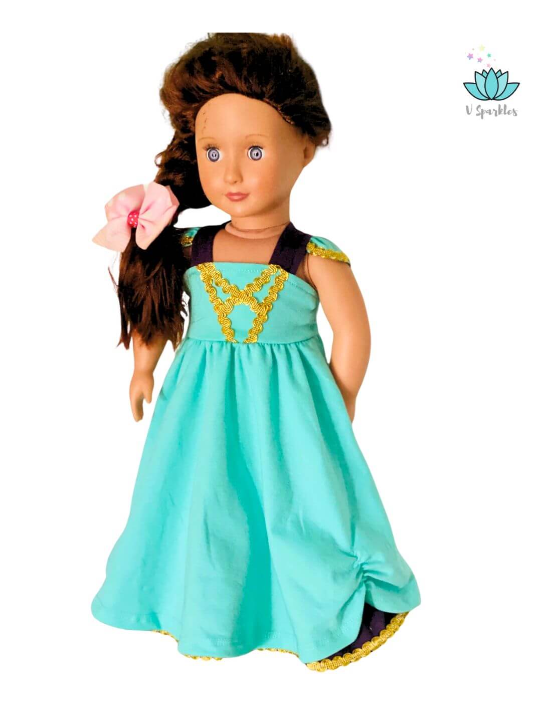 "Elegant turquoise Princess Jasmine doll dress, designed for Disneybounding adventures, Halloween costumes, or as a fun self treat for collectors and fans of Disney fashion.