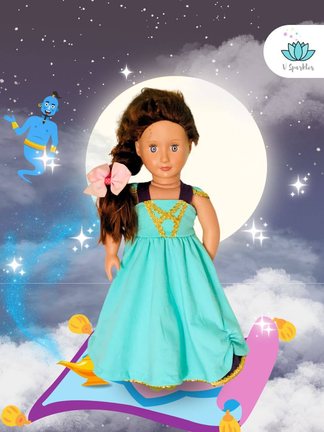 "Princess Jasmine-inspired doll dress, perfect for Disneybounding or as a miniature Halloween costume. Ideal for play pretend and dress up games, bringing magic to every child's playtime.