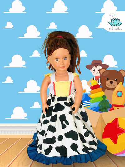 "Jessie-inspired doll dress featuring cow-print skirt, perfect for Disneybound, Disneybounding outfit, or a fun Halloween costume. Ideal for birthday dress to impress or play pretend games.