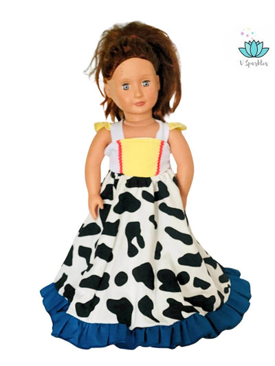 "Cowgirl Jessie-inspired doll dress with iconic cow-print design, great for kids’ play pretend and dress up games or a perfect Disneybounding look.