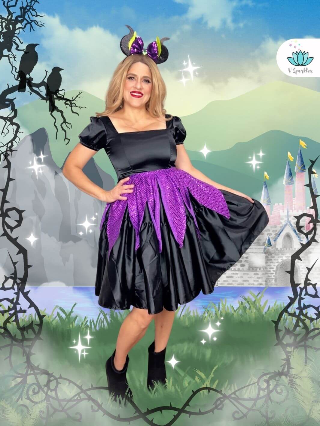 Black Fairy Dress-Up Overskirt for Adults – Maleficent-Inspired Costume Accessory – This dramatic black fairy overskirt is perfect for transforming into Maleficent. Ideal for Disneybounding, Halloween costumes, or themed events. Available in mid-size and plus-size options.