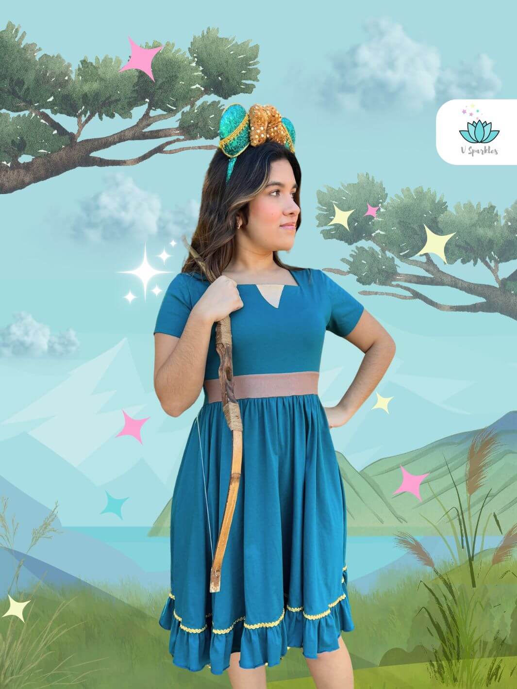 Merida-inspired teal dress for adults, perfect for Disneybounding as the Brave heroine. Ideal for a Halloween costume, birthday dress, or fashionable self treat.