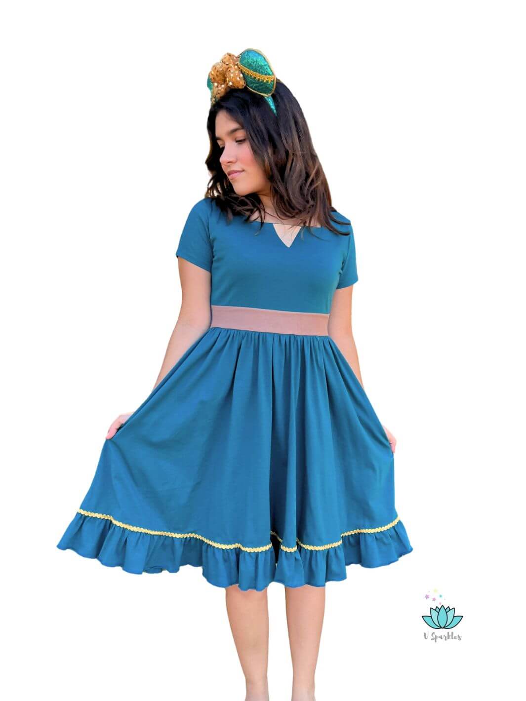 Charming teal dress for adults, designed for Disneybounding as Merida. Perfect for a Halloween costume, birthday celebration, or as a fashionable self treat