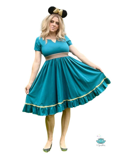 Merida-themed teal dress for adults, perfect for Disneybounding, Halloween, or birthday parties. A fun and stylish self treat or magical gift for Disney lovers.