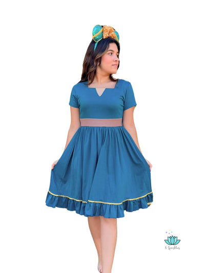 Teal adult dress inspired by Merida from Brave, great for Disneybounding, dress to impress, or as a bold Halloween costume. Ideal as a self treat or special gift.