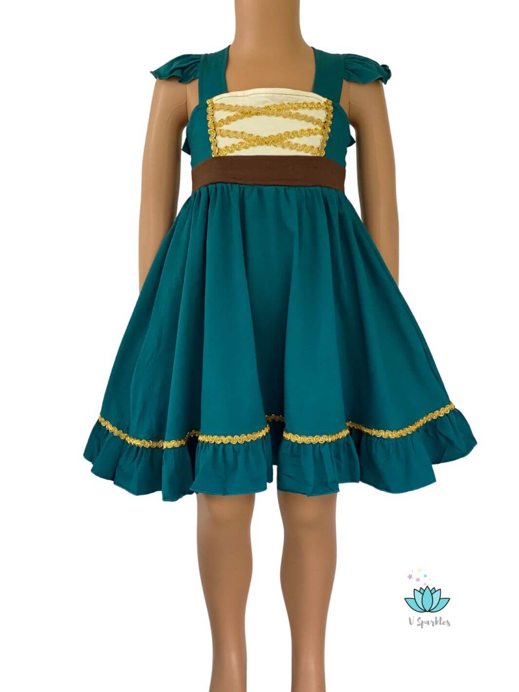 merida dress for kids, gold lace, teal blue dress, comfortable dress