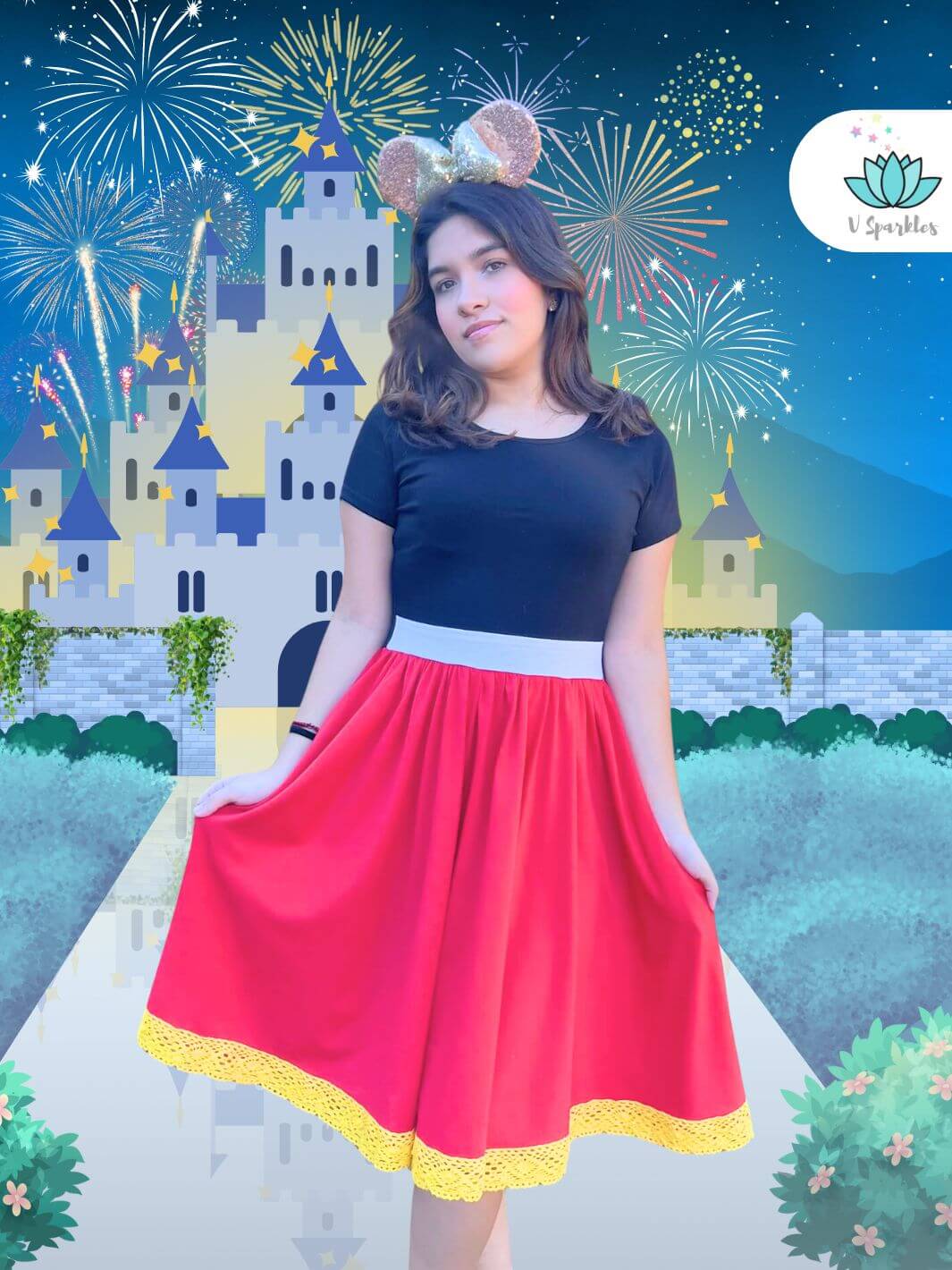 Mickey-inspired adult dress perfect for Disneybounding outfits and Halloween costumes. A playful look for fans of classic Disney style.