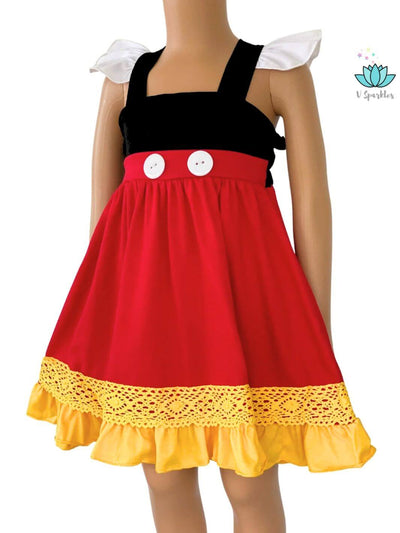 Perfect for Disneybound fun, this Mickey-themed kids dress is also great for Halloween costumes, pretend play, and parties.