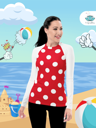 Mickey-inspired polka-dot rash guard for adults, perfect for Disneybounding outfits at the beach or poolside, combining style and sun protection.