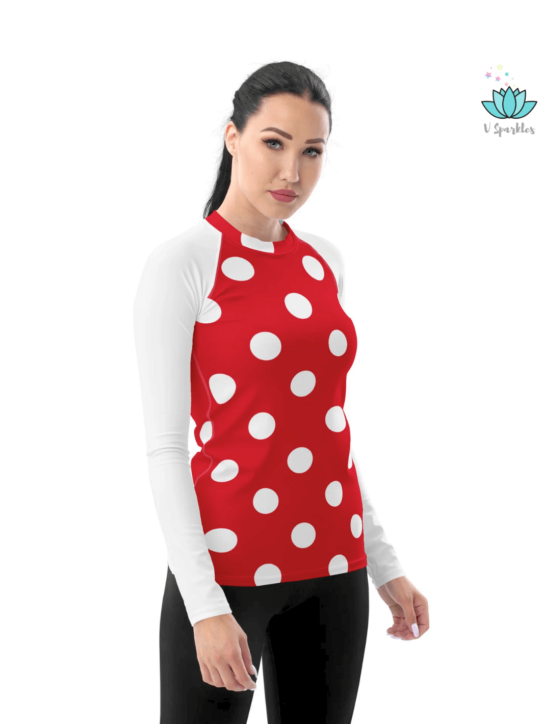 Fun and stylish Mickey Mouse red polka-dot rash guard, perfect for adults who love Disneybounding, fashion, and practical swimwear for outdoor activities.