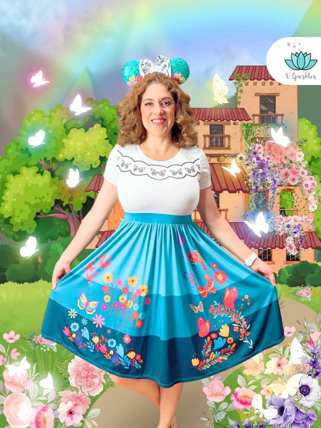 Mirabel Disneybounding Outfit for Adults: A vibrant Mirabel-inspired dress from Encanto, perfect for Disneybounding, Halloween costumes, or birthday celebrations. The colorful floral patterns make this outfit an ideal self treat or gift for fans of Encanto who want to dress to impress